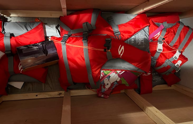 Life jackets, whistles, weather radio, and LifeStraws because I’m paranoid.