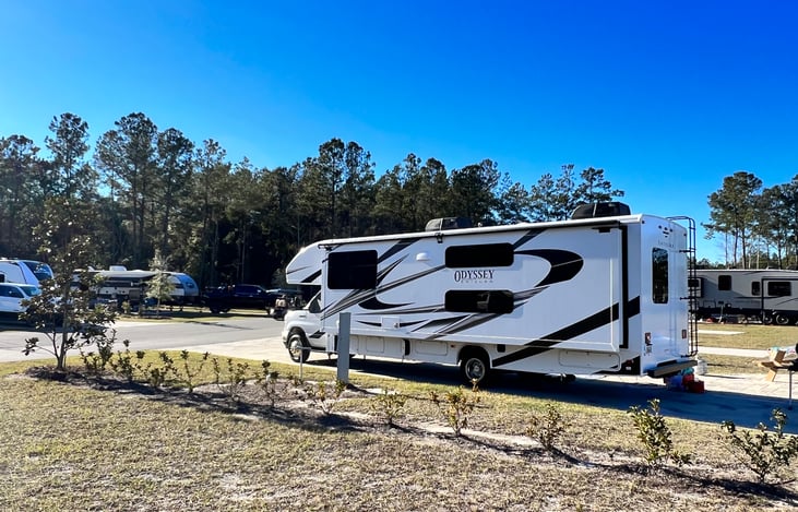 The RV has one huge mega slide on the drives side... it is the whole length of the RV!  This gives much more living space inside!