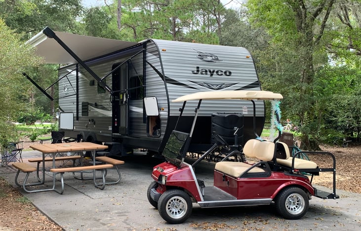 The golf cart has a blue tooth feature for music and you can also connect USB lights.