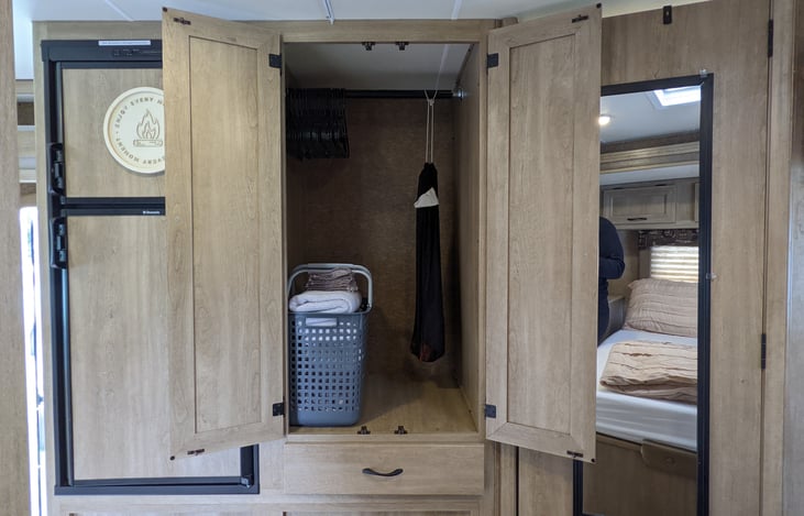 Large fridge/freezer and closet with hangers for clothing and luggage. Towels on request.