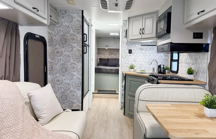 Bright & spacious Las Vegas RV rental interior – comfortable for camping, EDC & Burning Man adventures