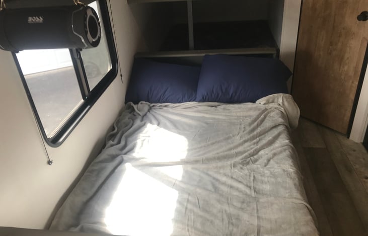 This is the bed when you fold down the dinette set it’s a little bigger than the bunk beds and can fit two adults.