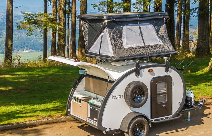 2022 Bean Stock Teardrop Trailer by Bean Trailer with an Evolution 55" Roof Top Tent by Freespirit Recreation.
