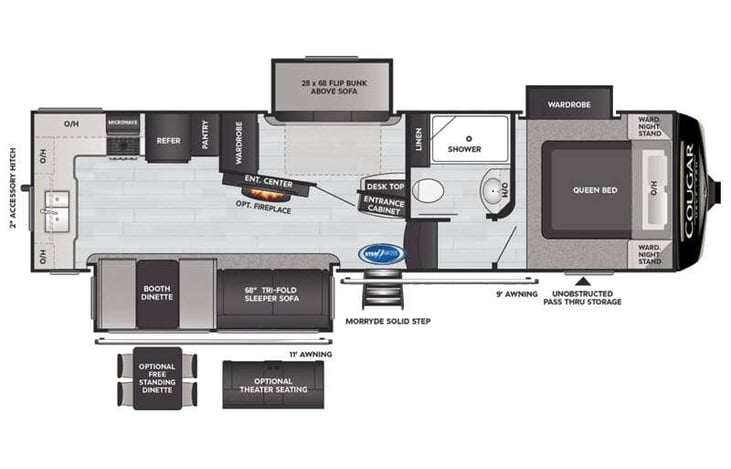 Theatre seating in front of the fireplace and TV.  Seat in the shower.