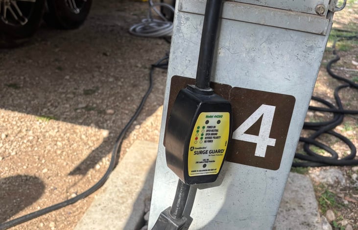 Provided surge protector and adapters allow connection to either 30-amp or 50-amp service while helping protect the camper’s electrical system.