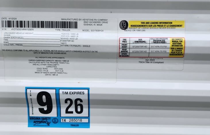 Camper Specs as well as updated Inspection Sticker.