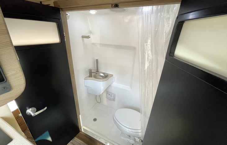 Here's a another view of the wet bath. This is very large for a class B adventure van.