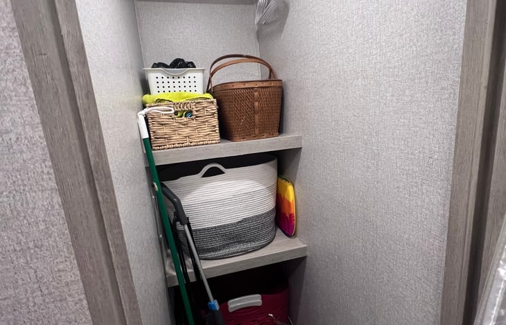 Items for your use - fans, outdoor towels, picnic basket, quilts, vacuum, mop, dirty clothes bins, etc.