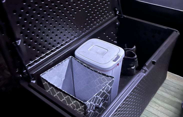 “Stink Box” We use this box just outside the camper door for the trash can, dirty laundry hamper, and shoes.  This keeps the smells and dirt out of the camper.  It also saves room in the camper.