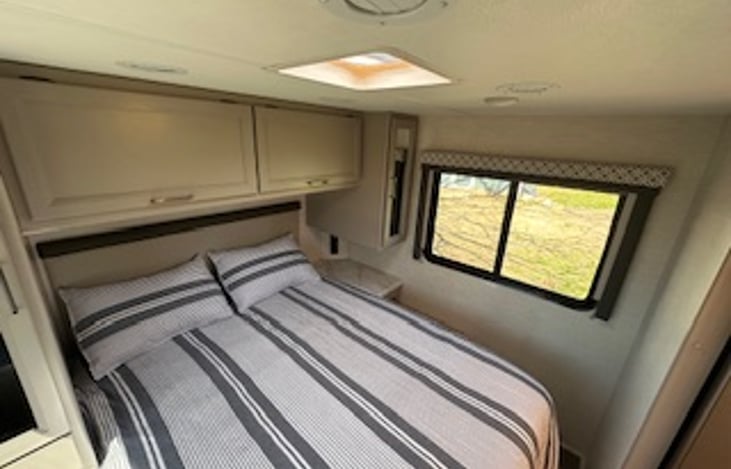 Rear bedroom with queen mattress.  Mattress has been upgraded to a memory foam mattress.