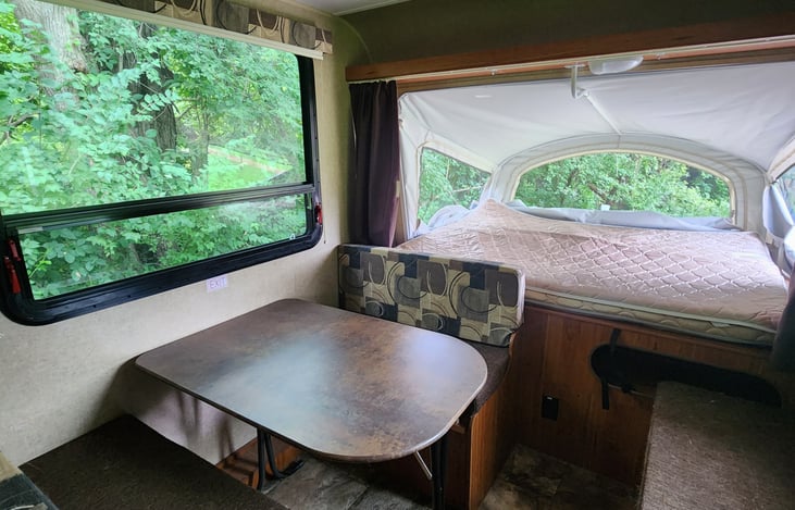 Full size bed with heated mattress pad for those cool nights.