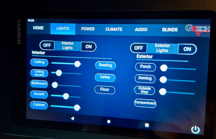 Control all of your interior and exterior lighting on/off/dimming all from your Garmin touch screen.  There even a night light.
