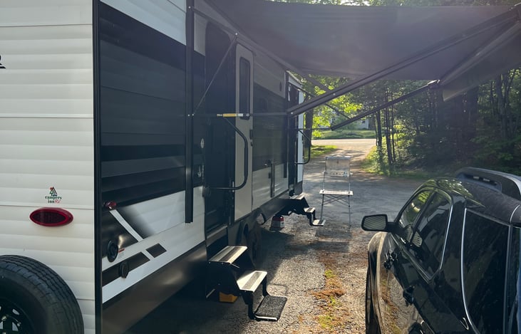 Outside passenger view with awning extended