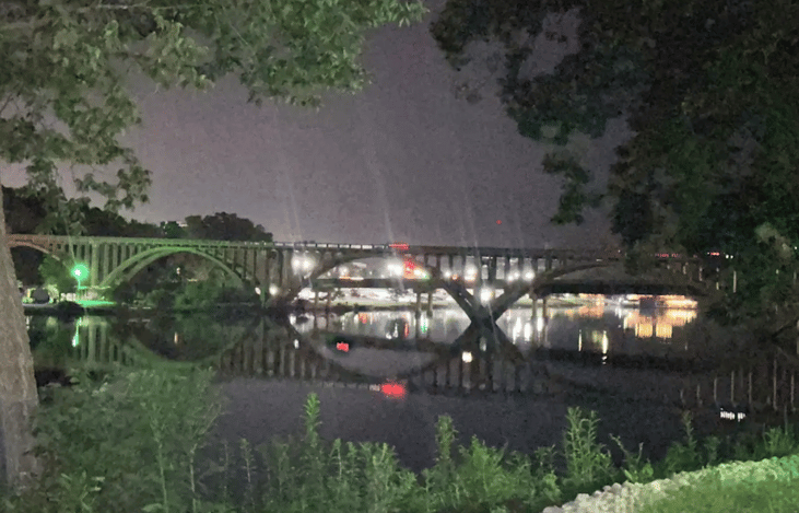 From our site in the campground, the lights from The Landing shine through the downtown Branson bridge.