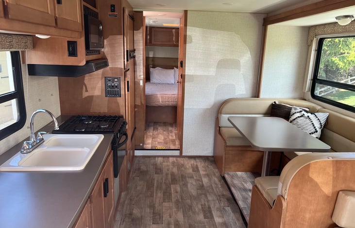 Plenty of room to cook in large kitchen and dining area when the slide is out.