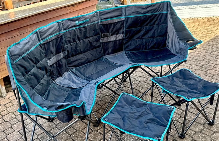 Enjoy, easy outdoor set up with comfy chairs, table, and shade – your personal patio on wheels.