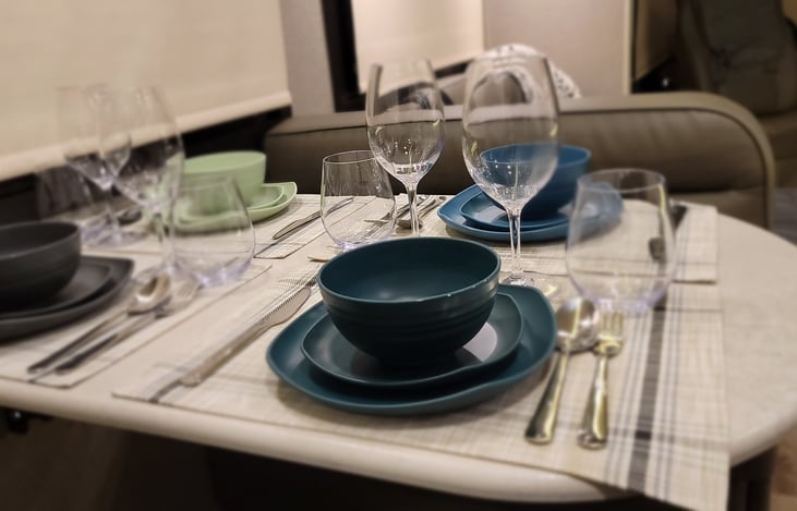 Enjoy full set of plates, bowls, mugs, and metal utensils.  Acrylic glassware and stem/stemless wine glasses available for upgraded experience. Wine trays in full size refrigerator (optional).