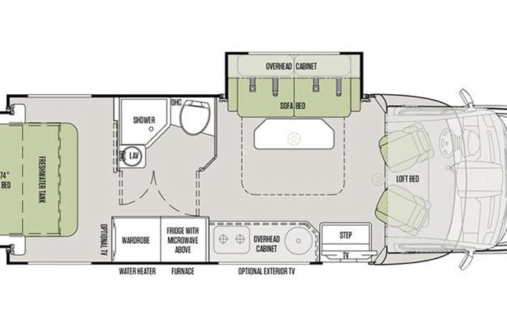 no loft bed.  3 TV's.  One TV above Cab w storage, TV in bedroom, and TV outside under the awning.