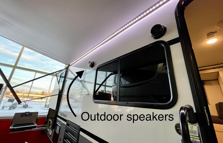 Keep the fun going outdoors with the outdoor speaker system.  The Bluetooth connected stereo means you can have your favorite music with you inside and outside of the camper!