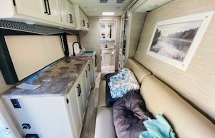 When the slide out is in, this is the view from the front of the RV to the back, where the bathroom is located.