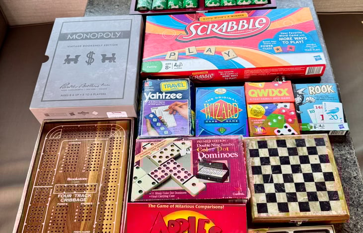 All the games you want to keep everyone busy. Poker, with Chips, Monopoly, Scrabble, Yahtzee, Wizard, QWIXX, Rook, Dominoes, Chess & Checkers, Apples to Apples, Decks of Cards