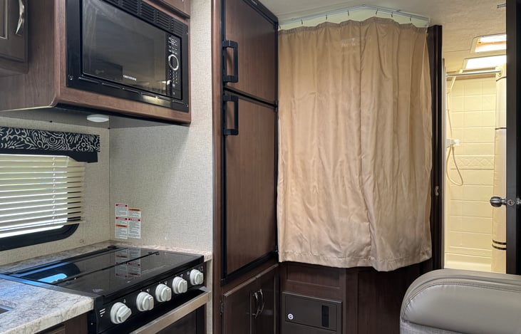 Master bed with privacy curtain.  Refrigerator with freezer shown on the left.