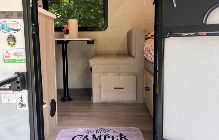 A shot of the lighted. entrance.