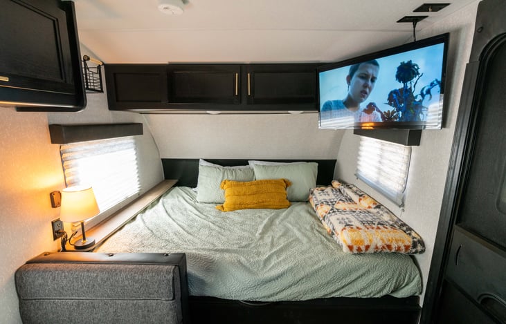 Tv is on a swivel mount to offer an idea viewing position from multiple angles