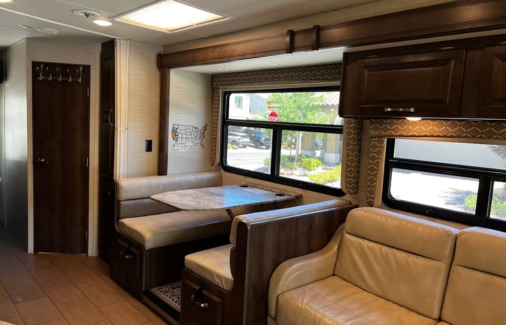 Slide pushed out for more room in the seating area. Spacious interior.