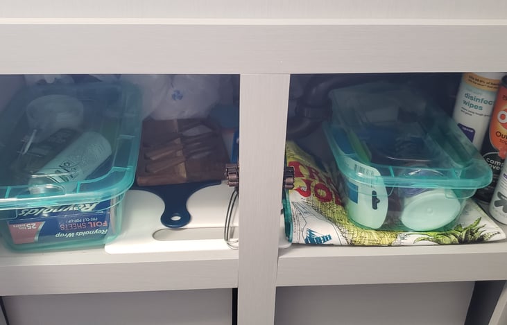 Cooking materials: olive oil spray, aluminum foil, measuring cups, cutting boards, cheese knives, cleaning supplies, bug spray, sunscreen, plastic bags for garbage.