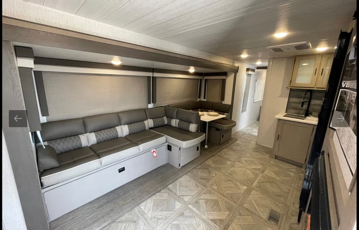 The unique versus couch can be turned into a lounger or a wrap around Dinette