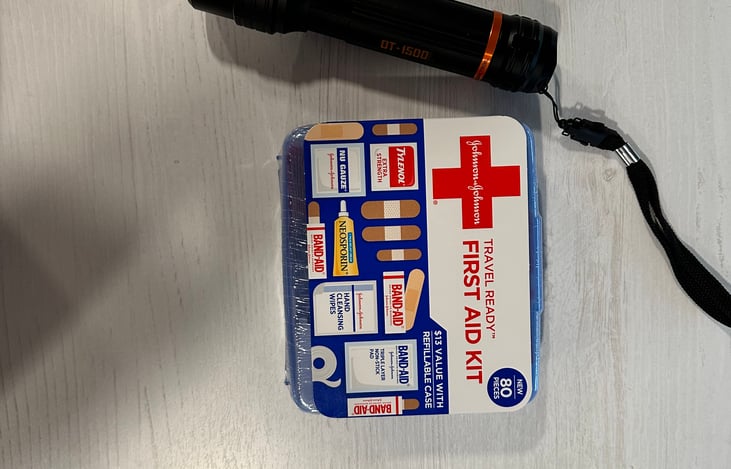 Safety equipment - flash light and basic first aid kit provided.