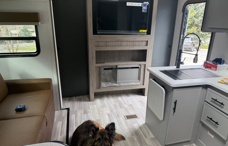 This shows the private queen bedroom with the doors shut.