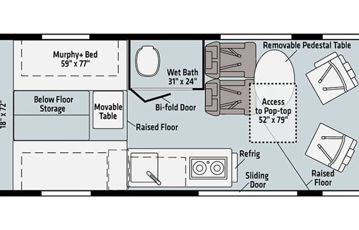 Floor Plan with swivel seats. 
Drop down queen murphy bed in the rear.