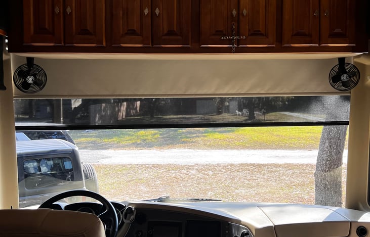 The 36GH Tiffin has fans on both sides usable during driving or camping and a large front window for enhanced ventilation and scenic views.