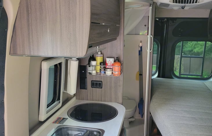 This is the kitchen area. It as additional flip up counter to add additional space to your cooking area to prepare food.