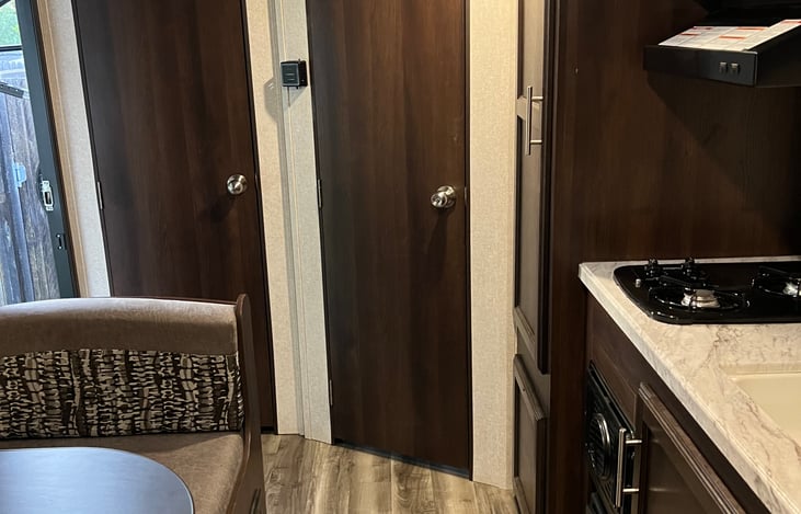 The door on the right is where the bathroom is. The door on the left is storage.