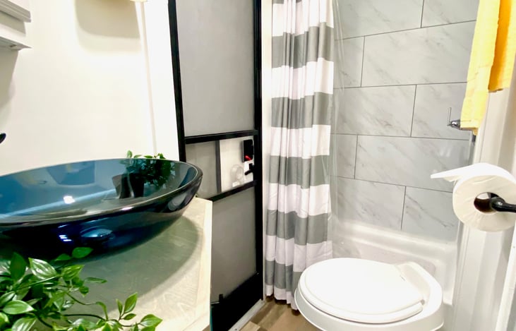 Remodeled bathroom with custom shower and porcelain toilet