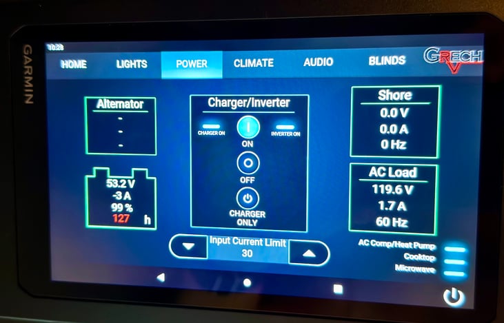 Monitor all of your power usage right from your Garmin touch screen as well as your lithium battery charge rate.  Super easy to read and keep track of your energy consumption and availability.