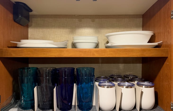 6 Dinner Plates, Desert Plates, and Bowls,  and 2 Serving Bowls and plates, and 8 large glasses, 8 smaller glasses, and 8 Wine Glasses or Coffee Cups