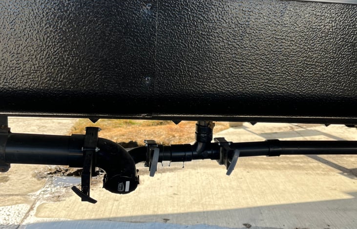 Easy access to holding tank drains. Discharge hose, adapters, tools, and gloves included.