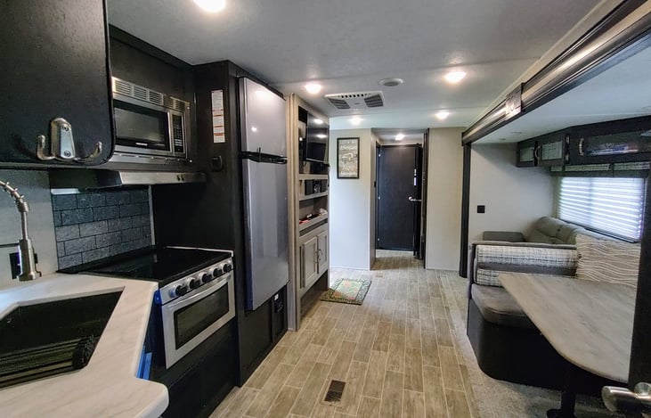 View from master bedroom. There is a TV with radio/CD/DVD player. We have also provided a firestick for your use, but you will need to connect everything to your wifi/hotspot.