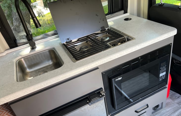 SINK, MICROWAVE OVEN AND TWO BURNER GAS STOVE
