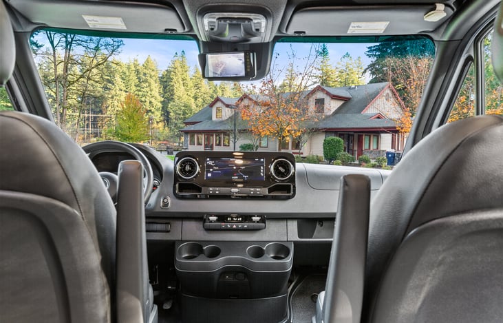 Cockpit with heated leather captain chairs.