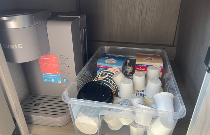 Coffee Station ( includes breakfast blend k-cups, 8 disposable cups regular sugar, coffee mate original and vanilla.)