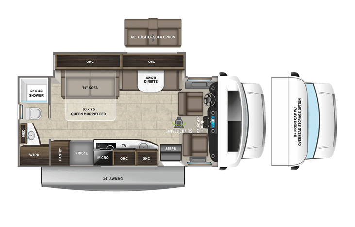 Smart, space-saving layout with a full-wall slide, queen Murphy bed, rear bath, full kitchen, and cab-over bunk. Comfort and luxury in a compact 25-ft Mercedes diesel coach.