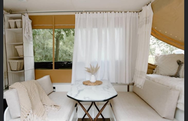 Curtains, pillows, blankets, decor, hanging shelf not included