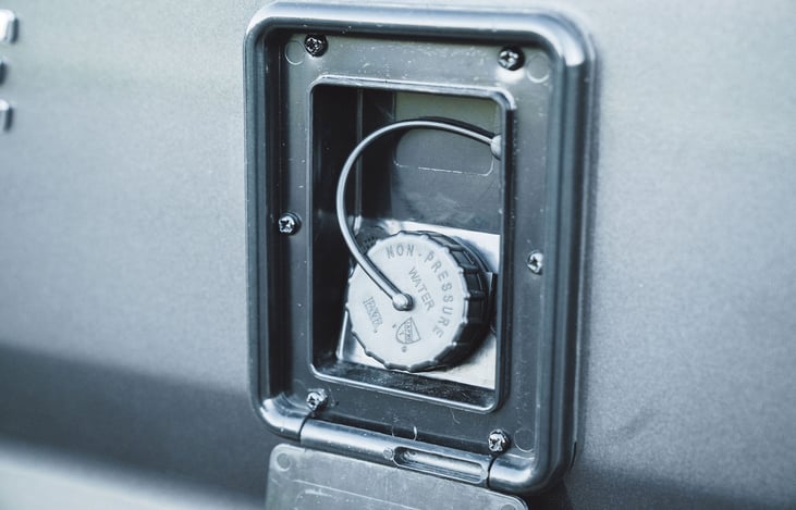 Gravity water fill 27 gallon fresh water tank with key and lock cover.