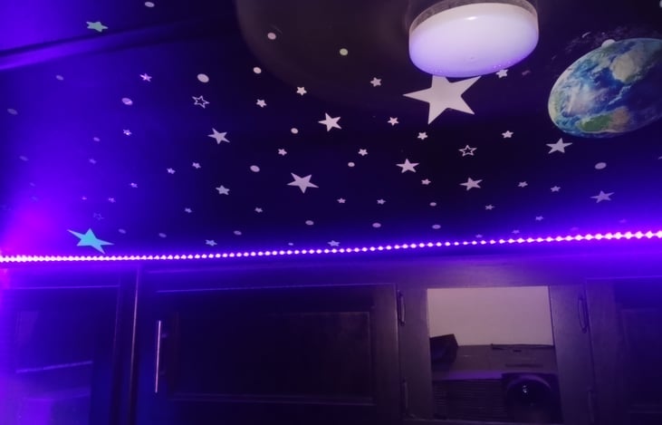 Glow in the dark stars and UV LED Lights make it like camping under the stars inside.