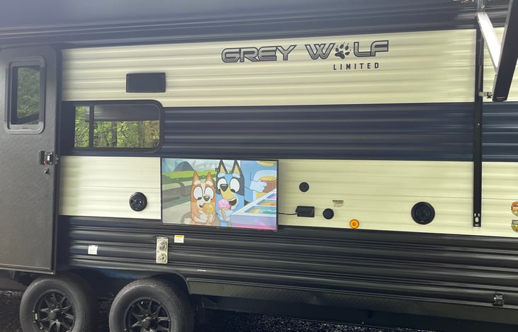 40” Amazon FireTV can be placed on RV exterior for outdoor viewing.